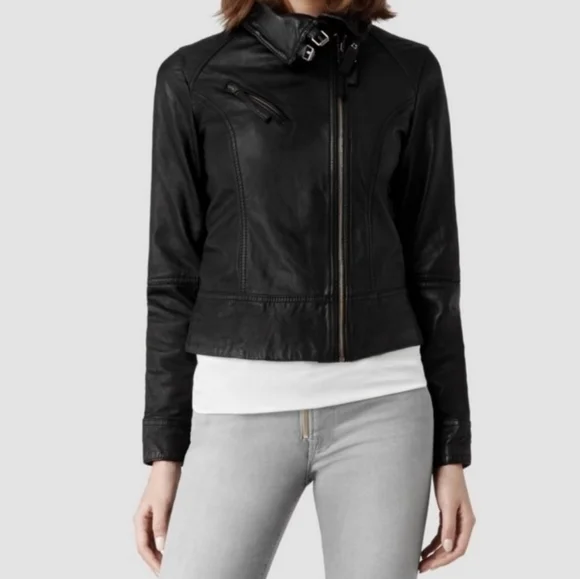 AllSaints Belvedere Biker Leather Jacket Size US 4 NWT Black - Picture 3 of 12